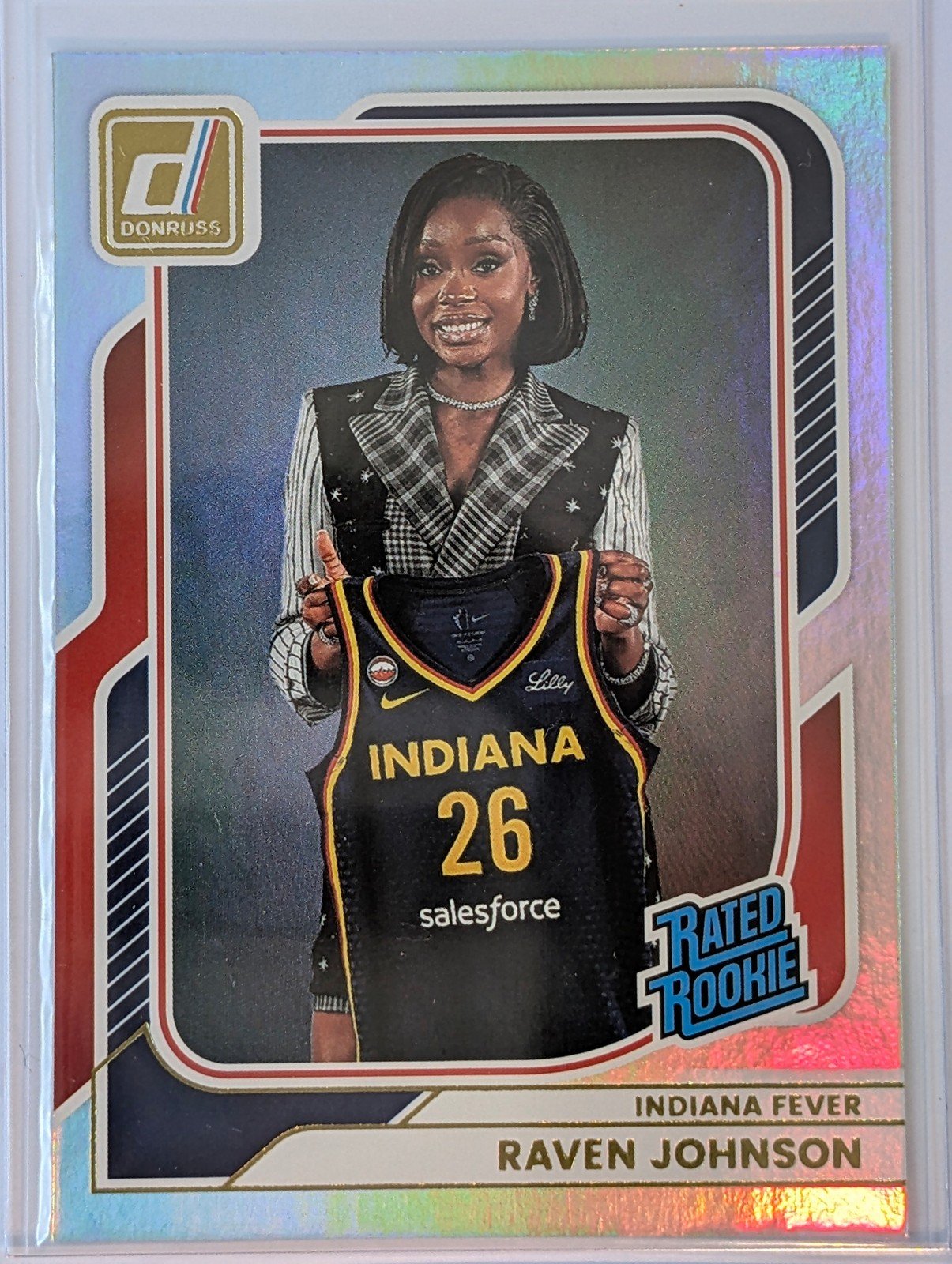 Front of 2026 Panini Donruss WNBA #94 Raven Johnson Rated Rookies Holo