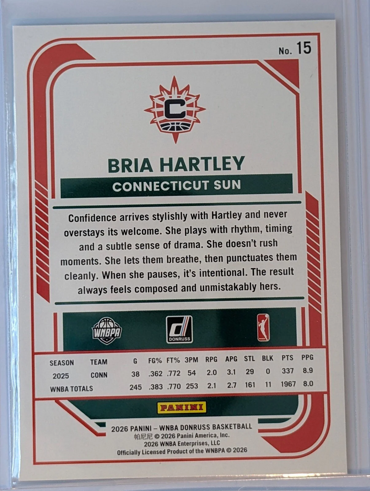 Back of 2026 Panini Donruss WNBA #15 Bria Hartley Holo