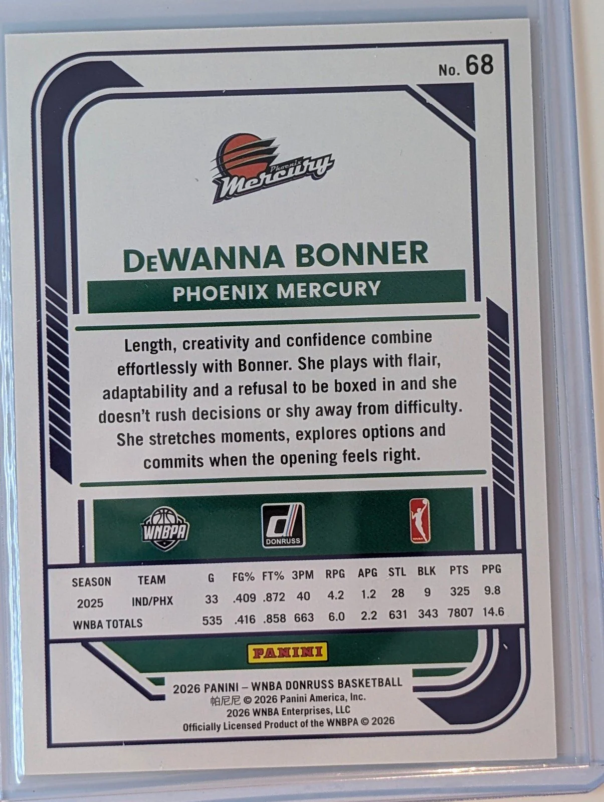Back of 2026 Panini Donruss WNBA /199 DeWanna Bonner #68