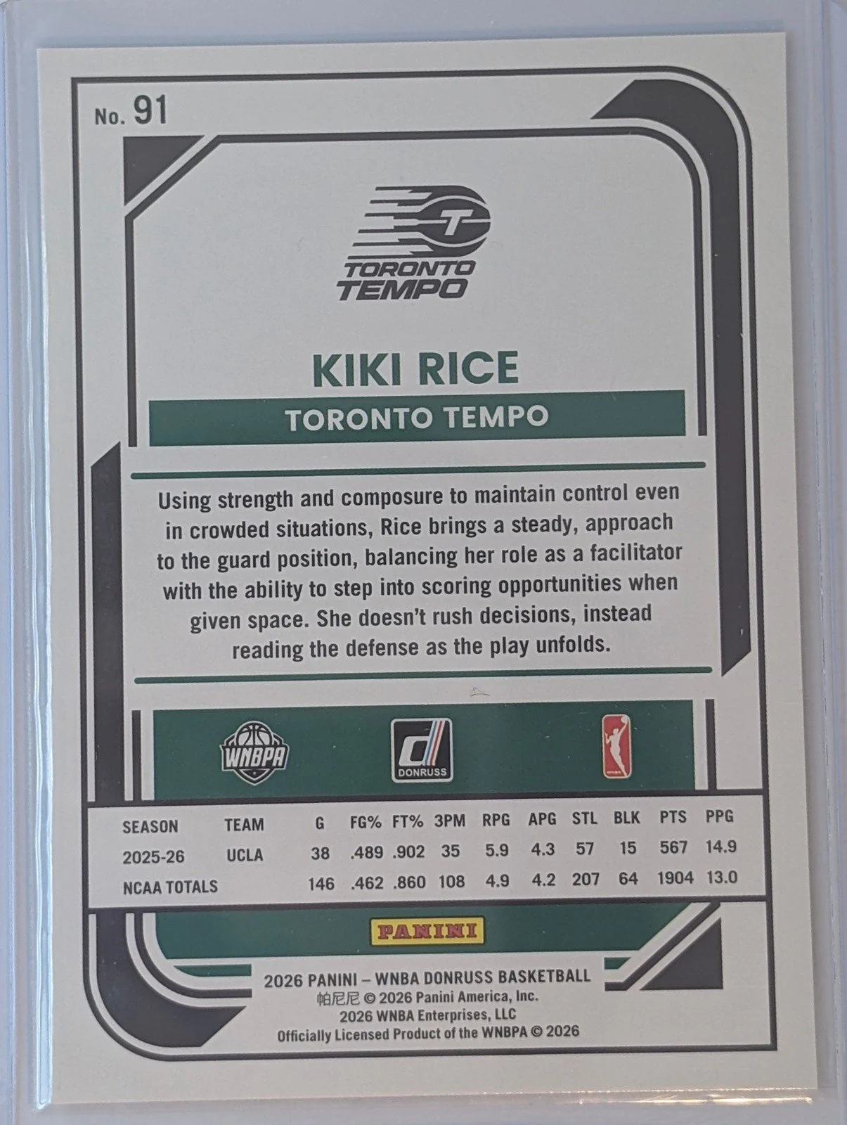 Back of 2026 Panini Donruss WNBA #91 Kiki Rice Rated Rookie