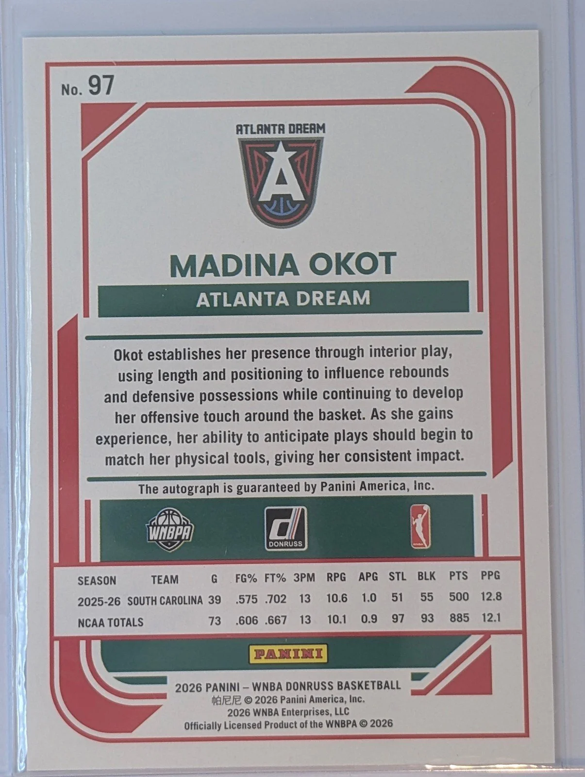 Back of 2026 Panini Donruss WNBA #97 Madina Okot Rated Rookies Signatures