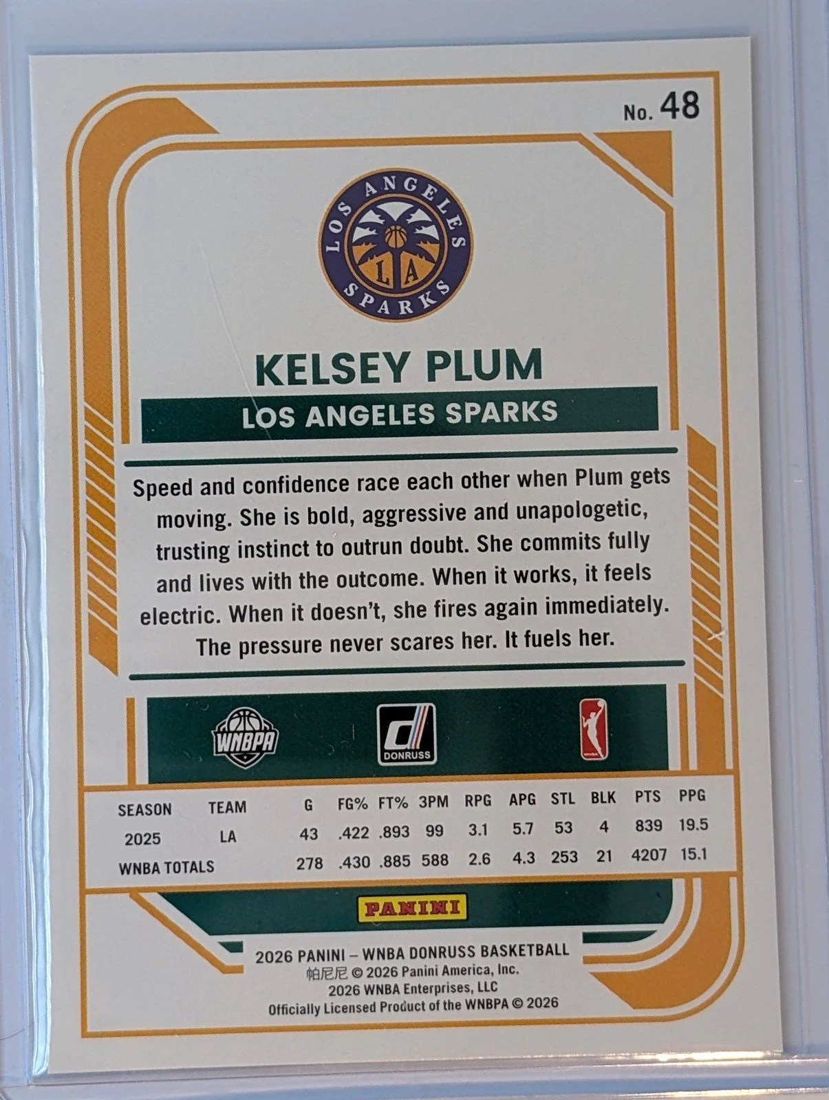 Back of 2026 Panini Donruss WNBA #48 Kelsey Plum Holo