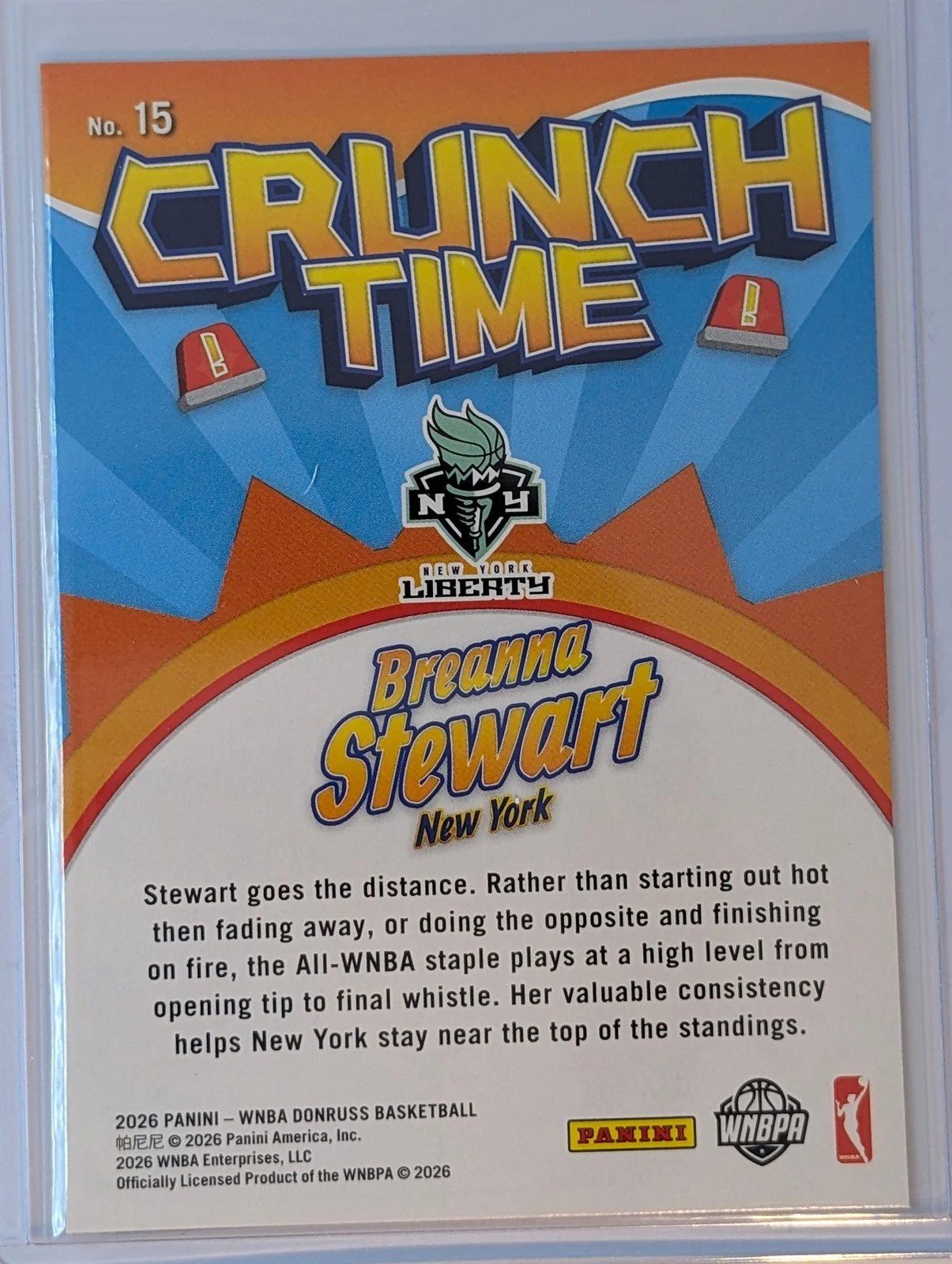 Back of 2026 Panini Donruss WNBA #15 Breanna Stewart Crunch Time Diamond
