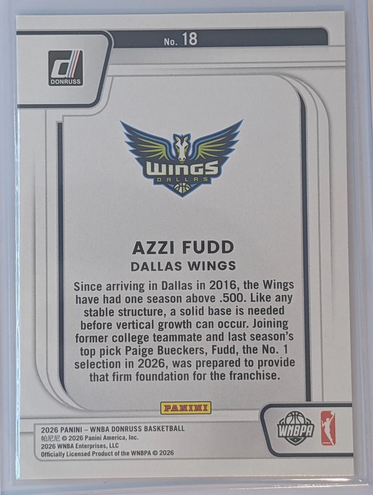 Back of 2026 Panini Donruss WNBA Azzi Fudd Franchise Features Rookie