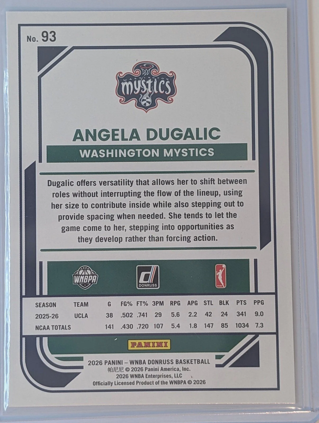 Back of 2026 Panini Donruss WNBA #93 Angela Dugalic Rated Rookie
