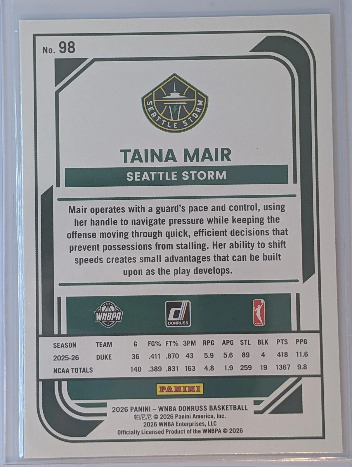 Back of 2026 Panini Donruss WNBA #98 Taina Mair Rated Rookie