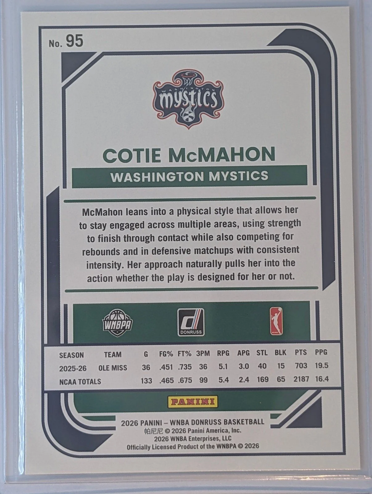Back of 2026 Panini Donruss WNBA #95 Cotie McMahon