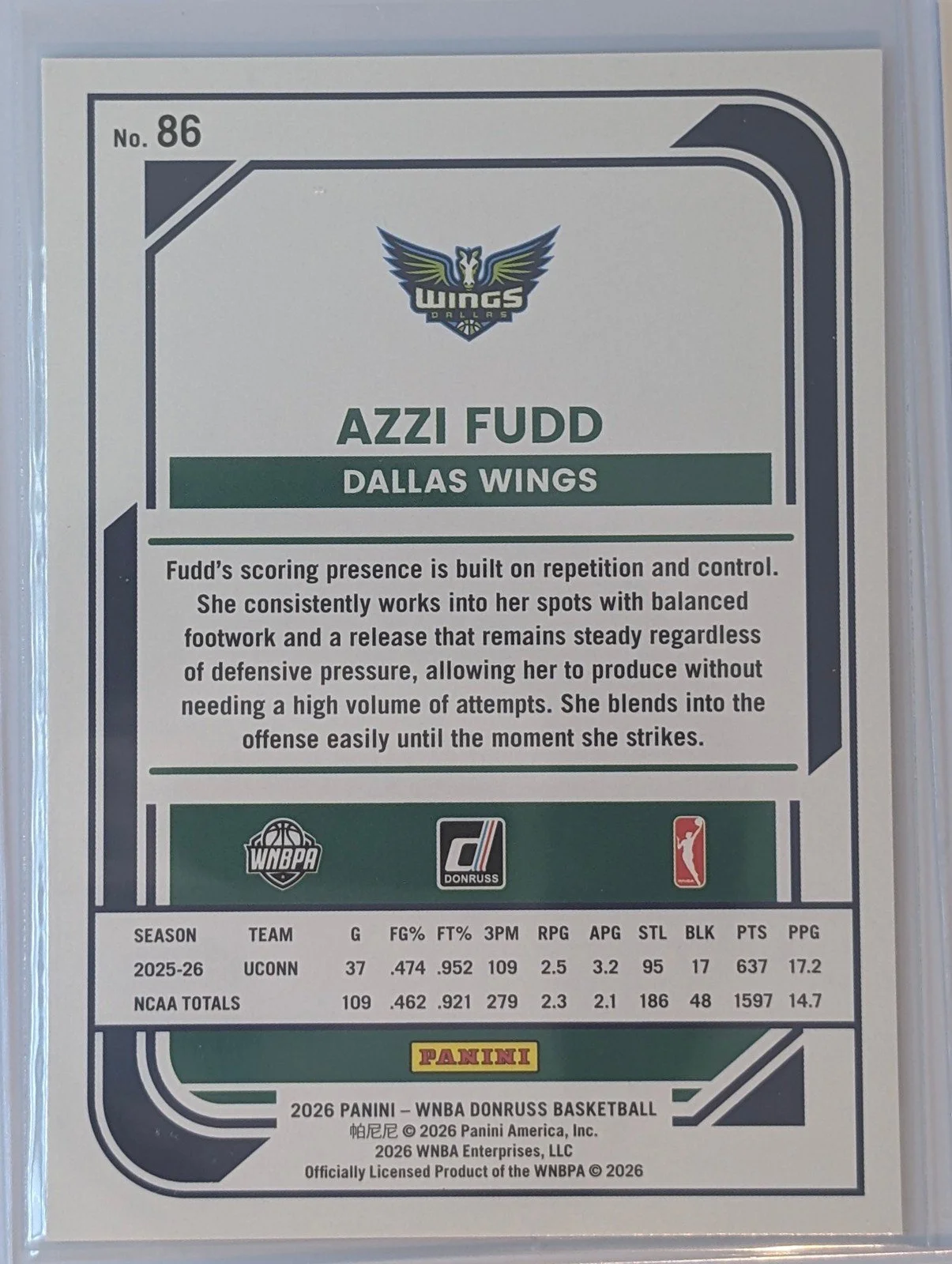 Back of 2026 Panini Donruss WNBA #86 Azzi Fudd Rated Rookie