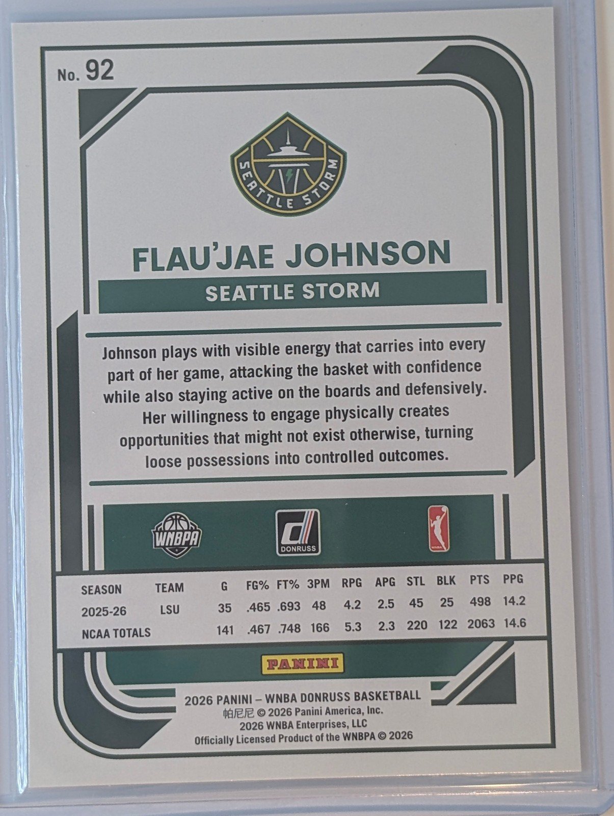 Back of 2026 Panini Donruss WNBA #92 Flau'Jae Johnson Rated Rookie