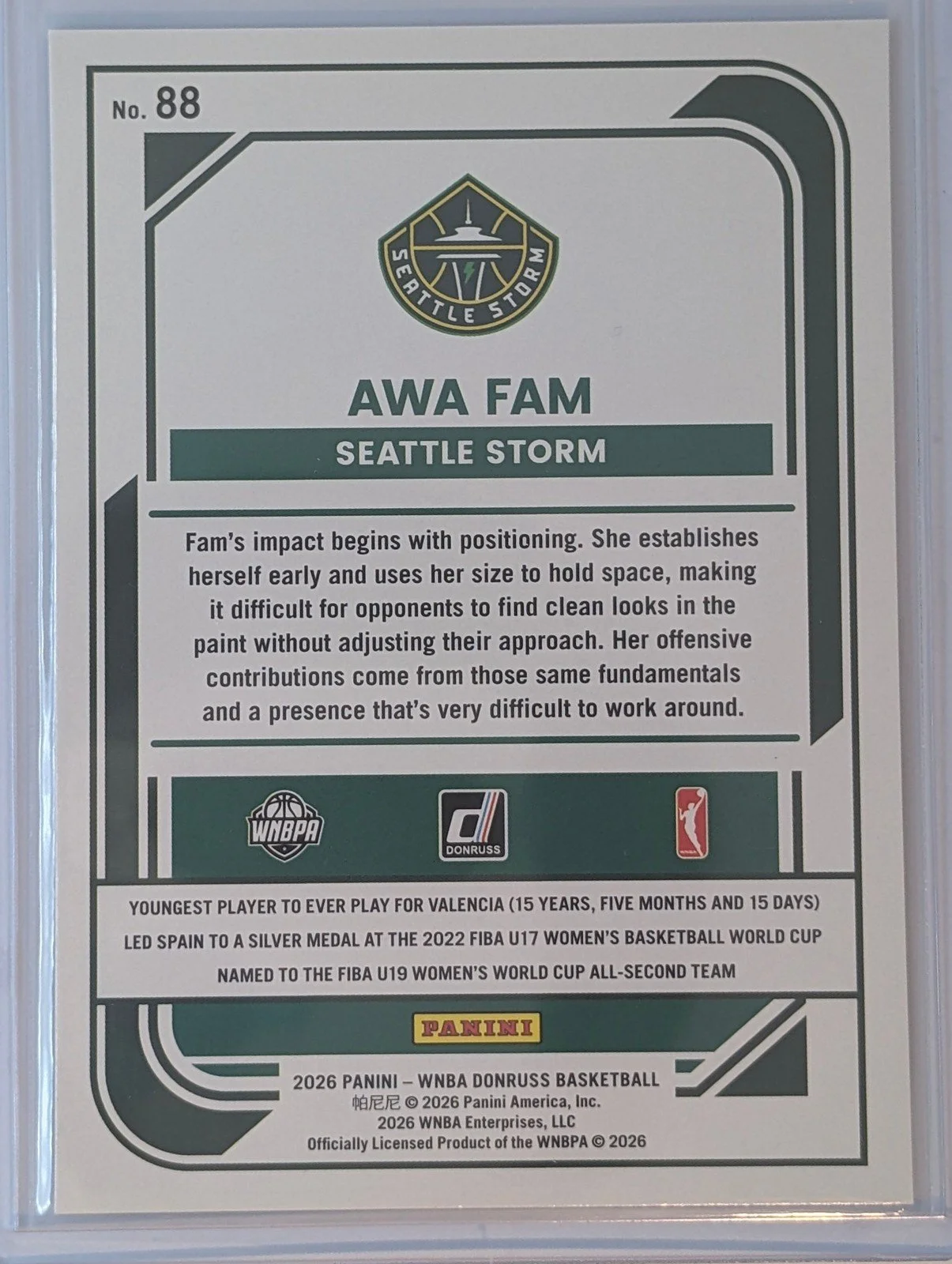 Back of 2026 Panini Donruss WNBA #88 Awa Fam Rated Rookie