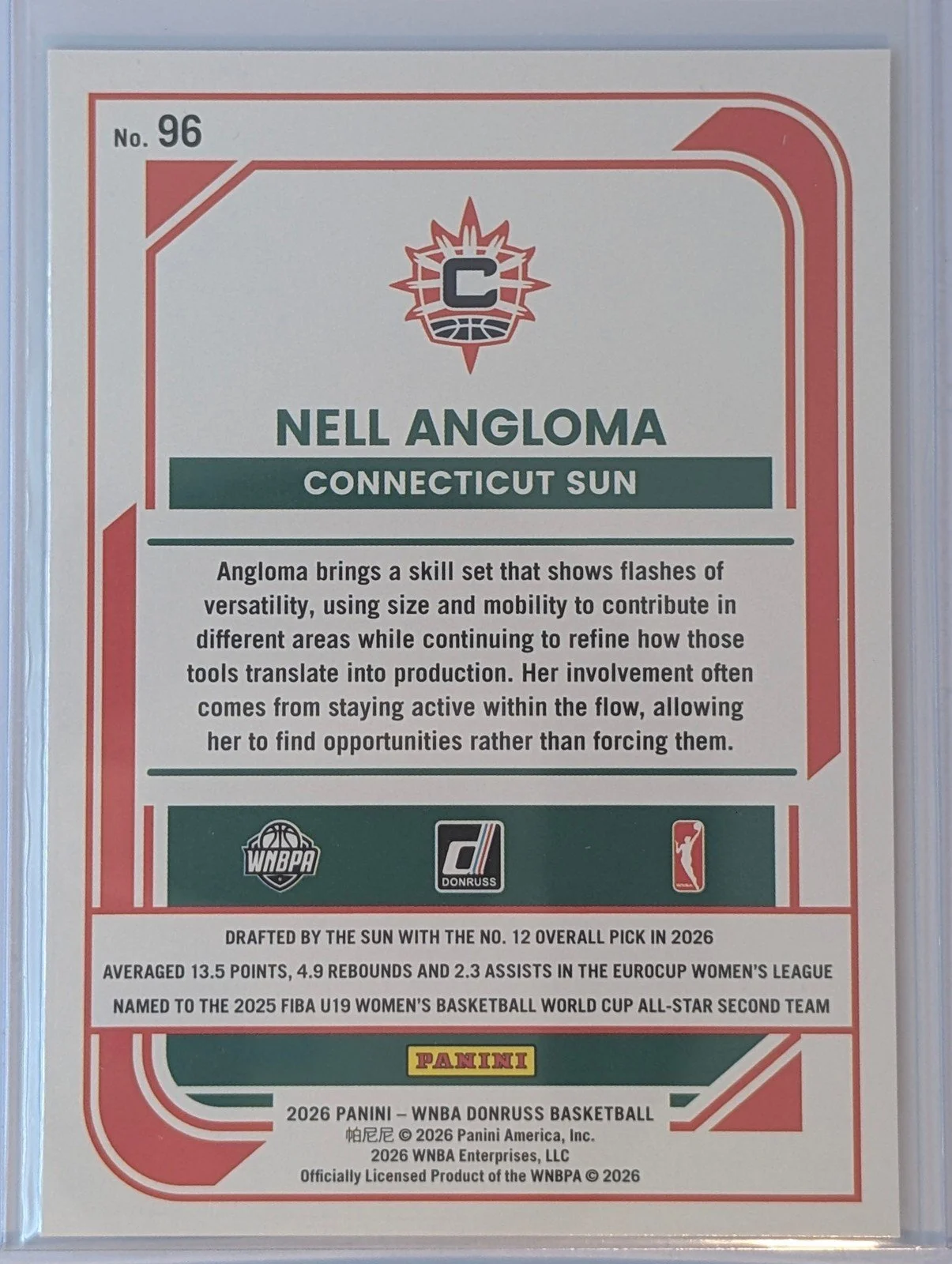 Back of 2026 Panini Donruss WNBA #96 Nell Angloma Rated Rookie