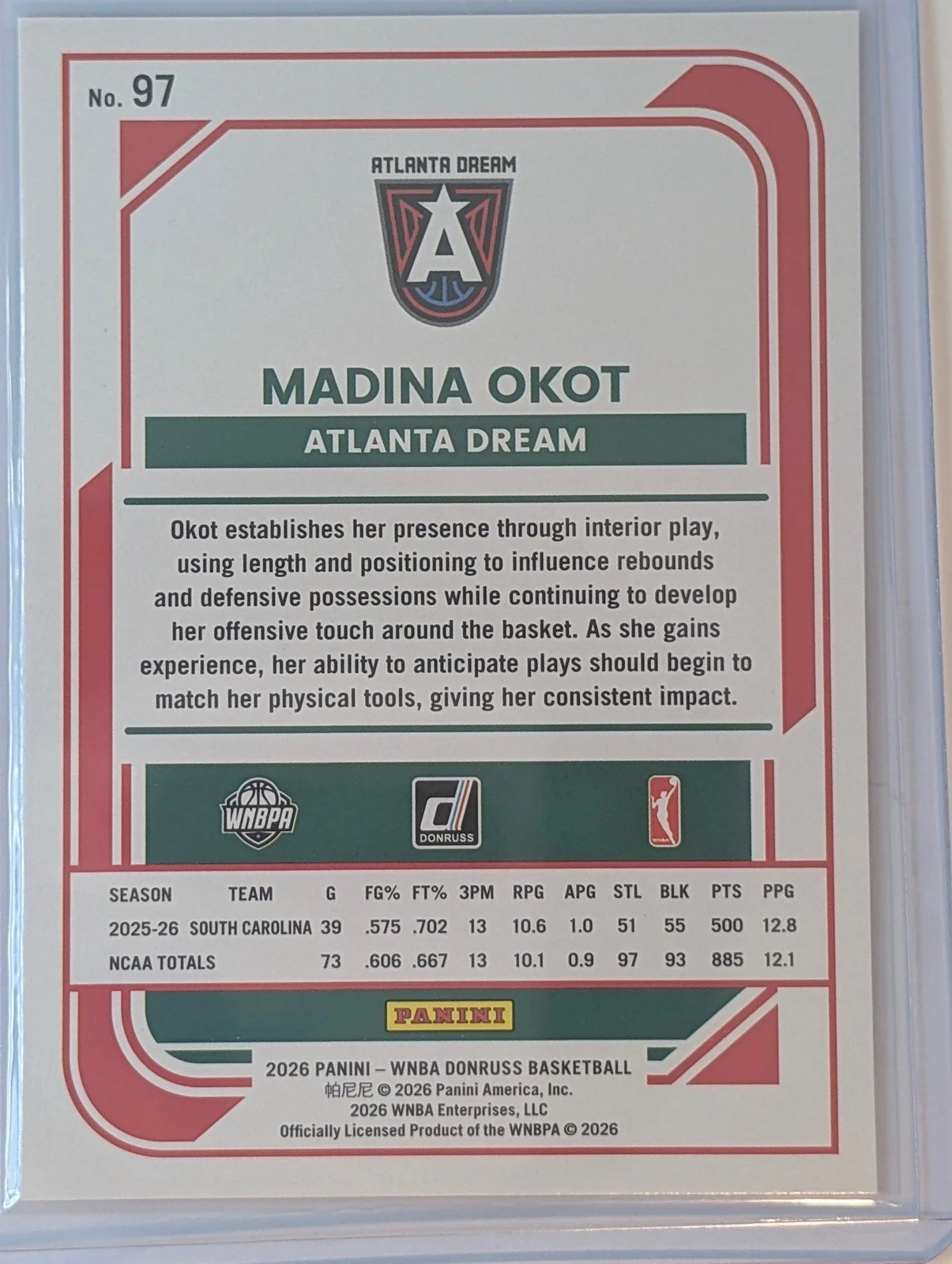 Back of 2026 Panini Donruss WNBA #97 Madina Okot Rated Rookie