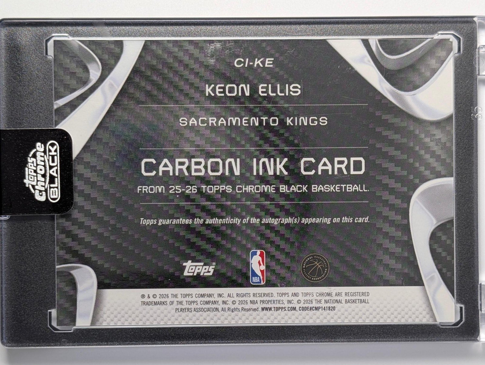 Back of 2025-26 Topps Chrome Black #CI-KE Keon Ellis Carbon Ink Autographs