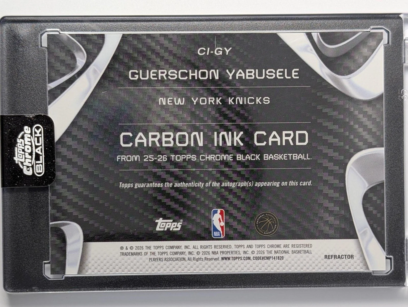 Back of 2025-26 Topps Chrome Black /299 #CI-GY Guerschon Yabusele Carbon Ink Auto