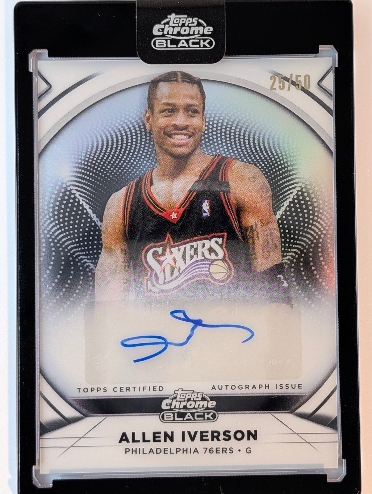 Front of 2025-26 Topps Chrome Black /50 #IA-AI Allen Iverson Ivory Autographs Refractor