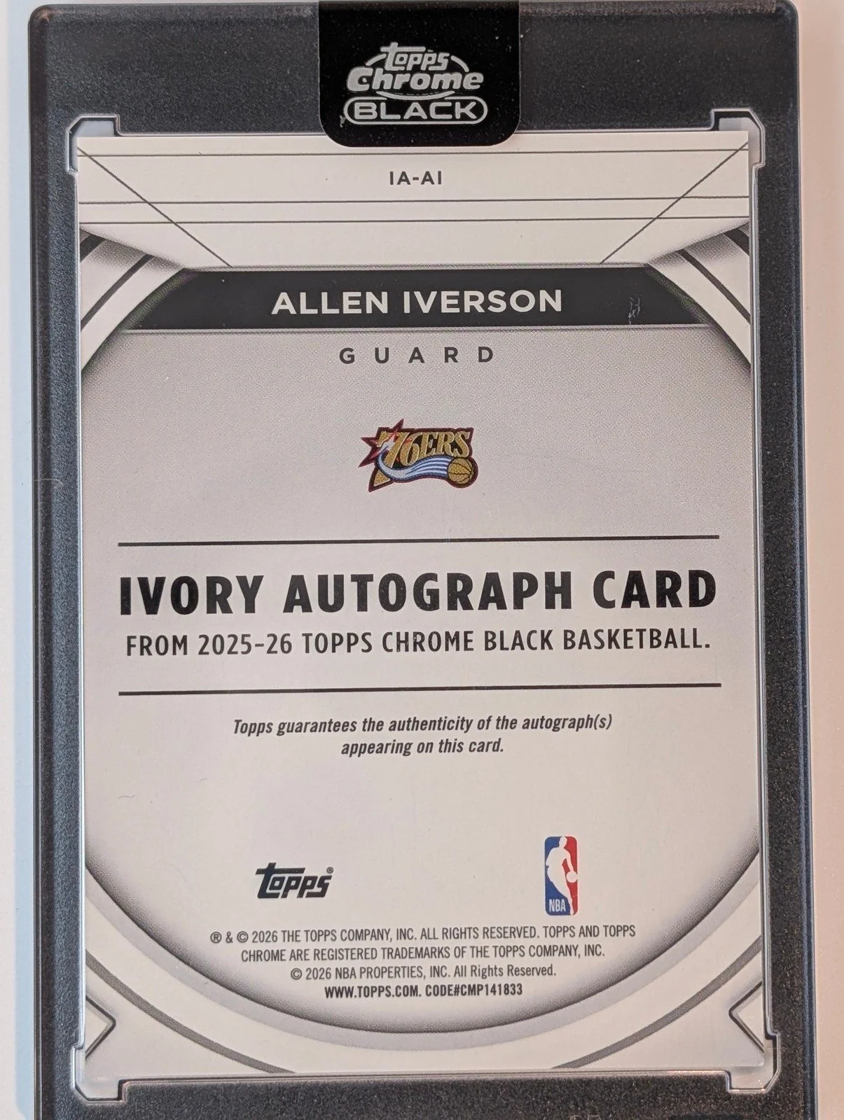 Back of 2025-26 Topps Chrome Black /50 #IA-AI Allen Iverson Ivory Autographs Refractor