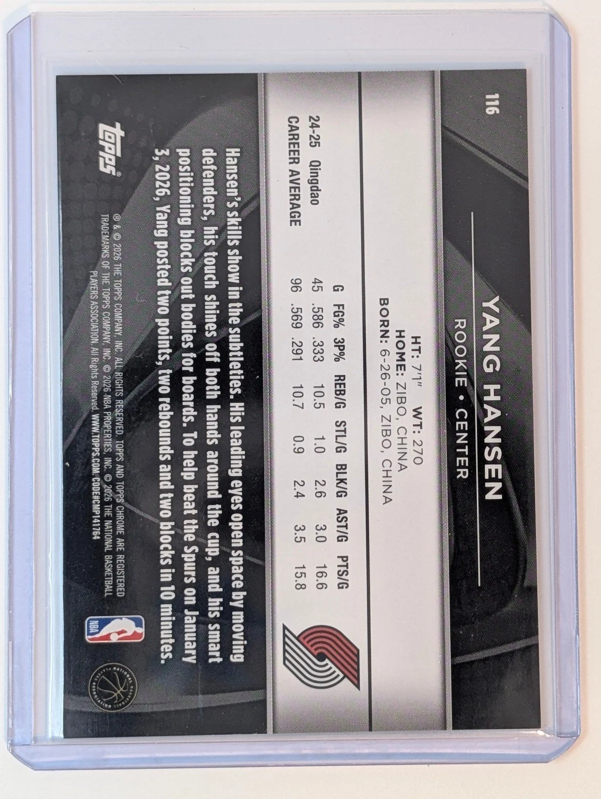 Back of 2025-26 Topps Chrome Black /50 #116 Yang Hansen Gold Refractor RC