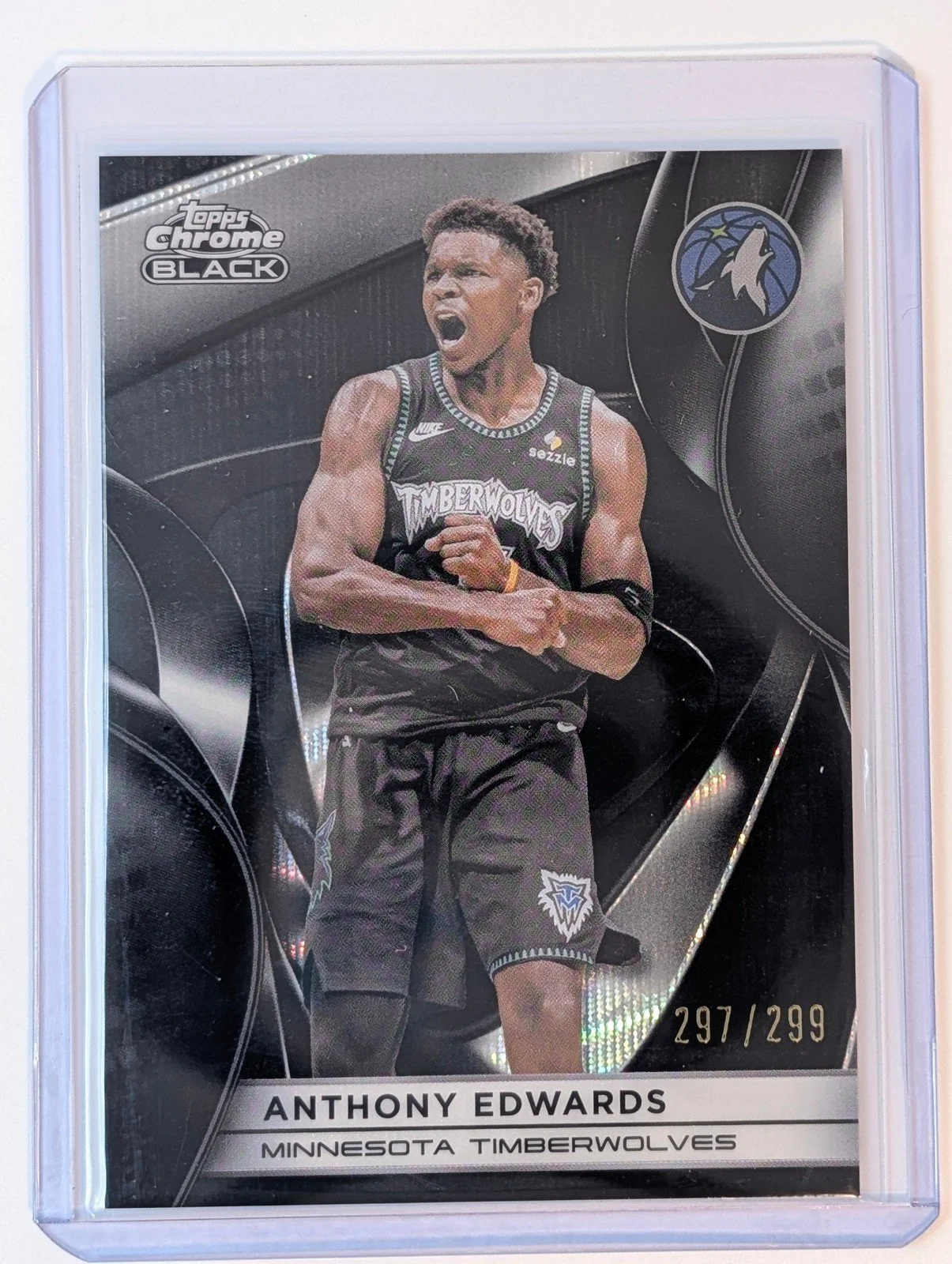 Front of 2025-26 Topps Chrome Black /299 #9 Anthony Edwards Refractor