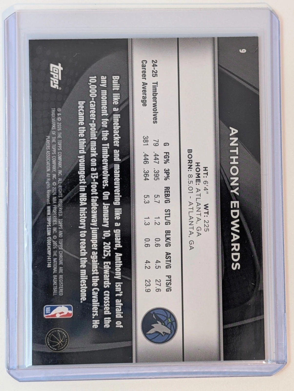 Back of 2025-26 Topps Chrome Black /299 #9 Anthony Edwards Refractor