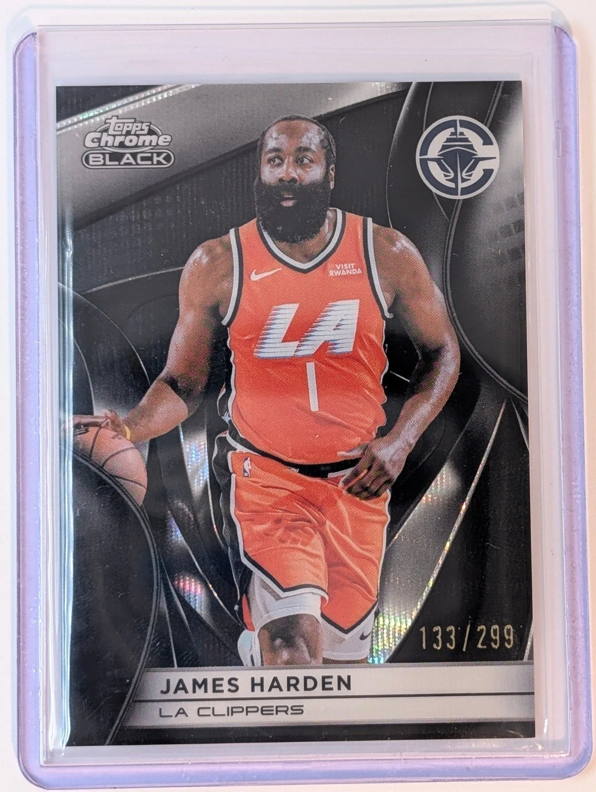Front of 2025-26 Topps Chrome Black /299 #84 James Harden Refractor