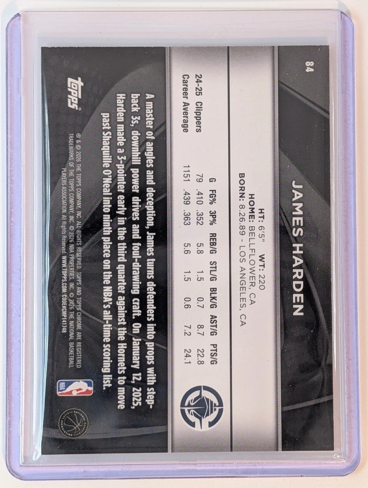 Back of 2025-26 Topps Chrome Black /299 #84 James Harden Refractor