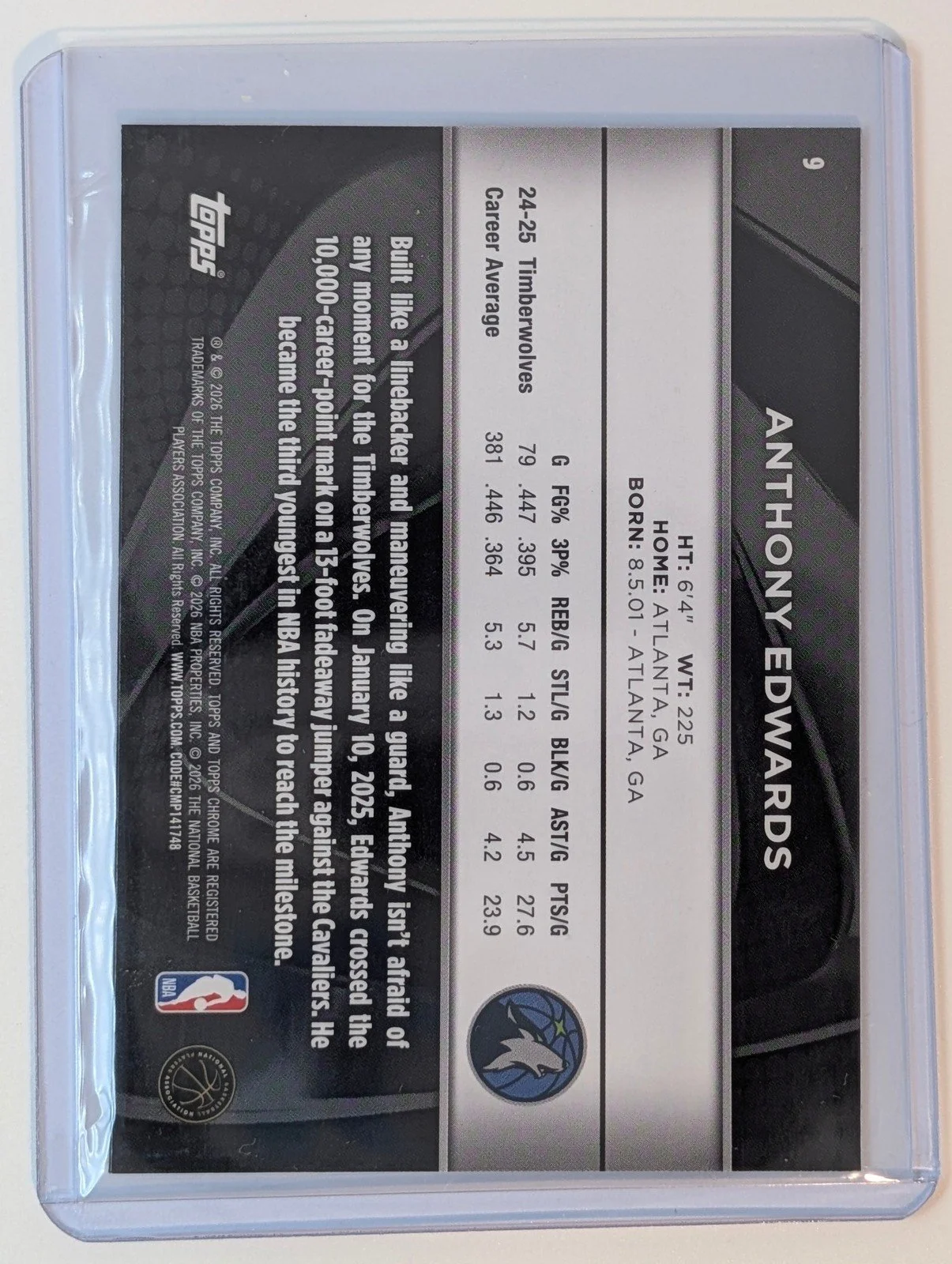 Back of 2025-26 Topps Chrome Black #9 Anthony Edwards