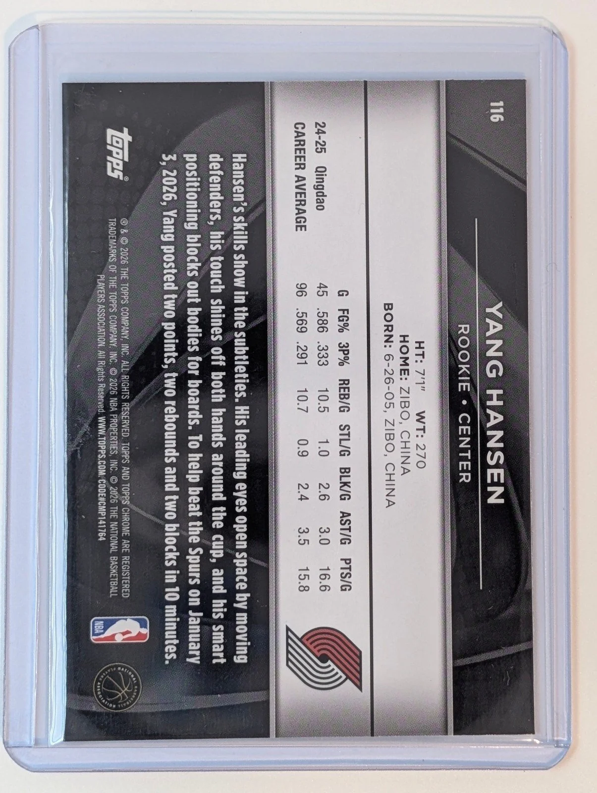 Back of 2025-26 Topps Chrome Black #116 Yang Hansen RC