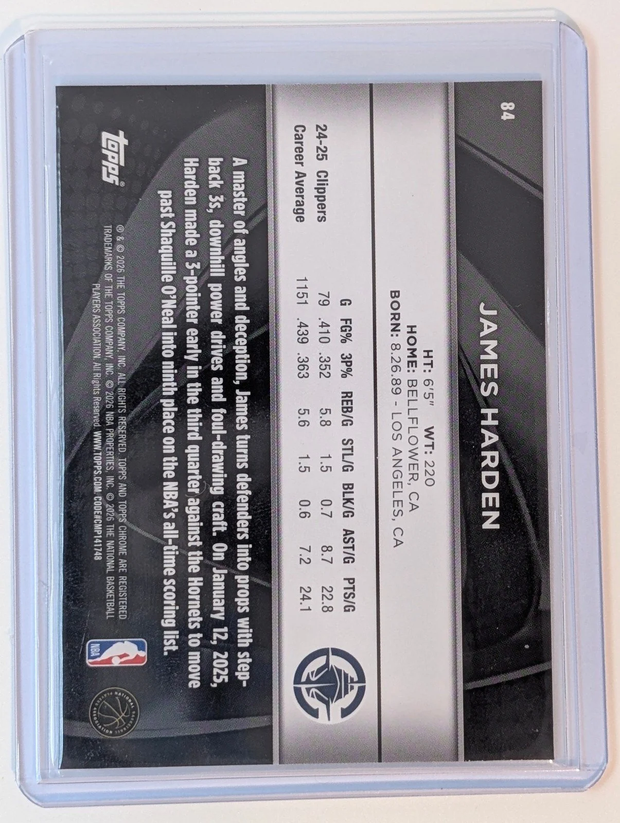Back of 2025-26 Topps Chrome Black #84 James Harden