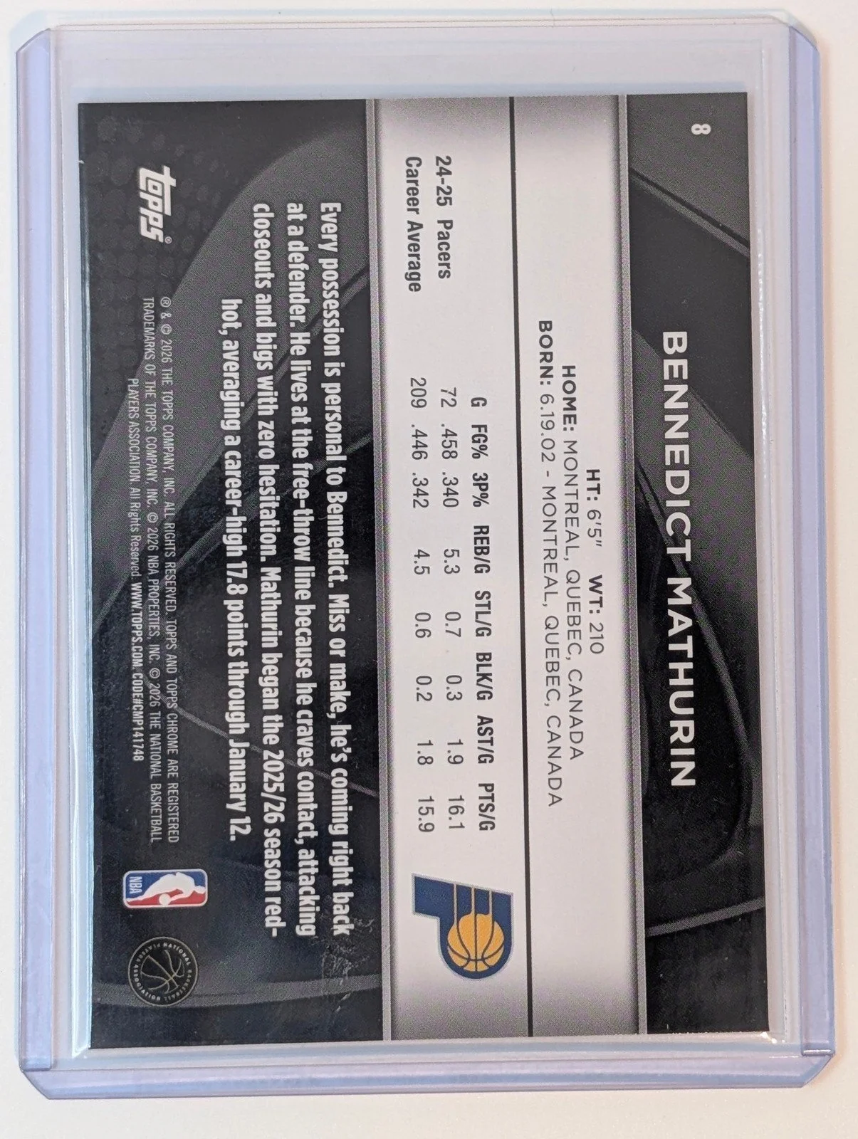 Back of 2025-26 Topps Chrome Black #8 Bennedict Mathurin