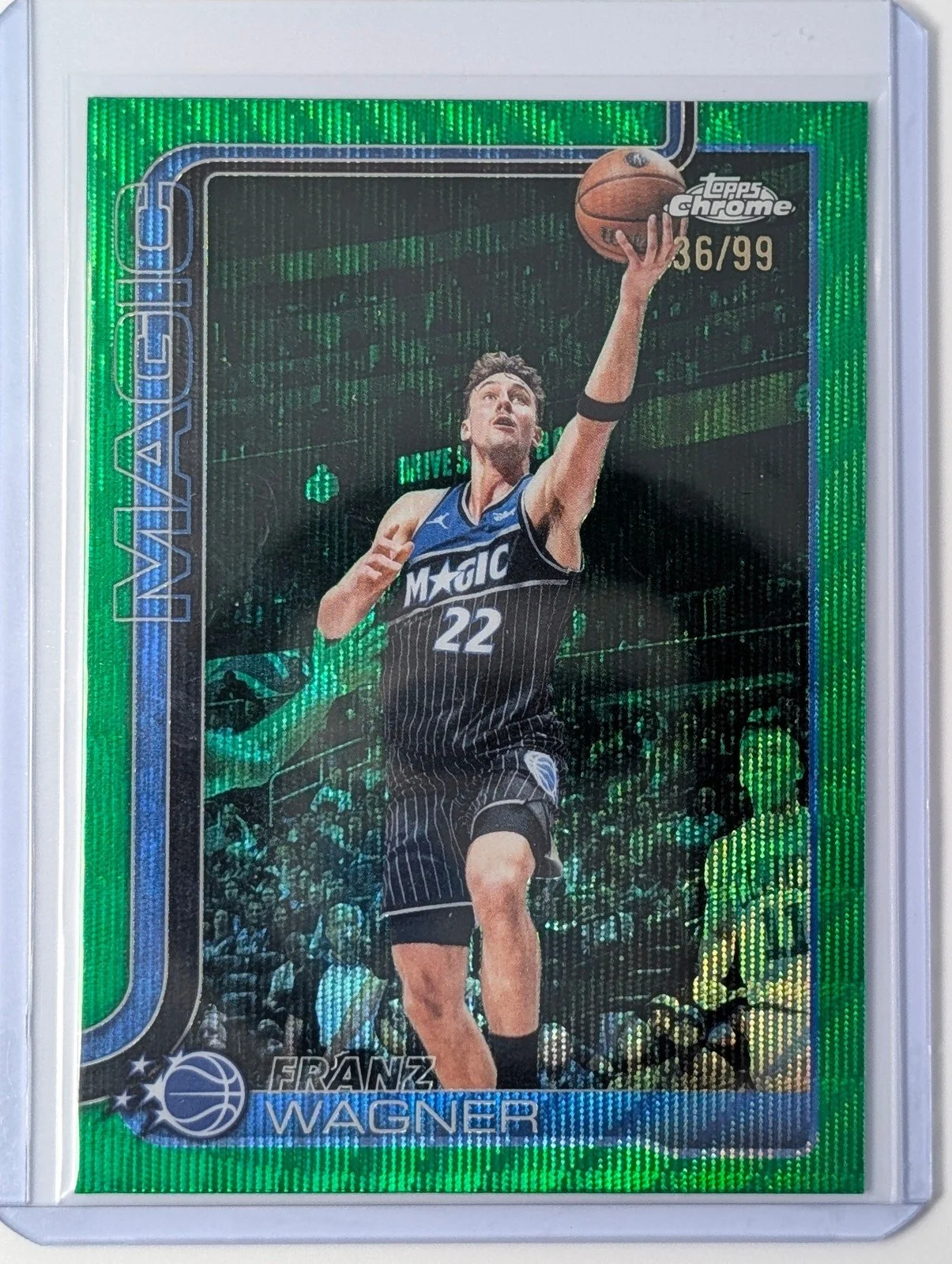Front of 2025-26 Topps Chrome Update /99 Franz Wagner Green Wave Refractor #39