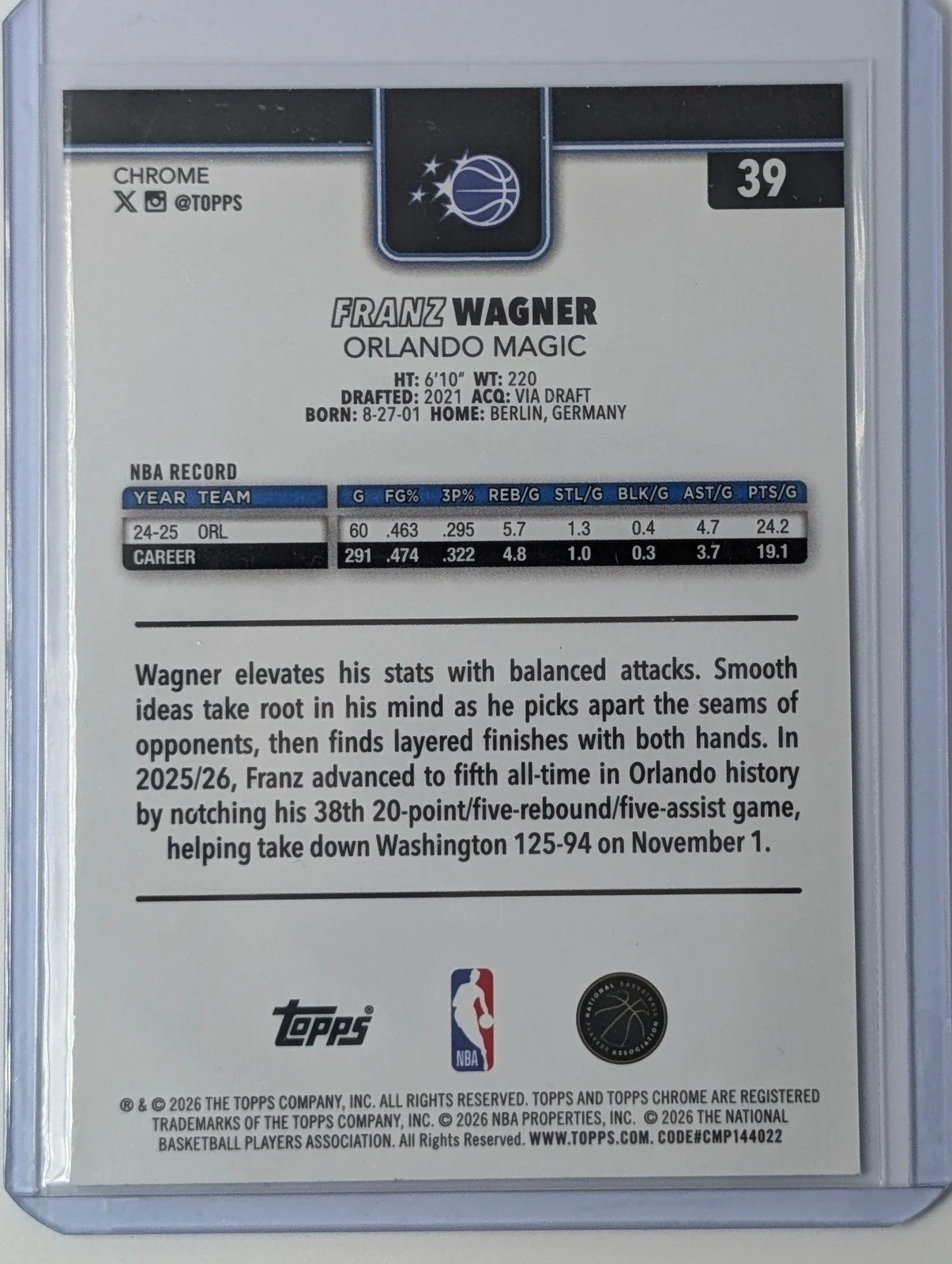 Back of 2025-26 Topps Chrome Update /99 Franz Wagner Green Wave Refractor #39