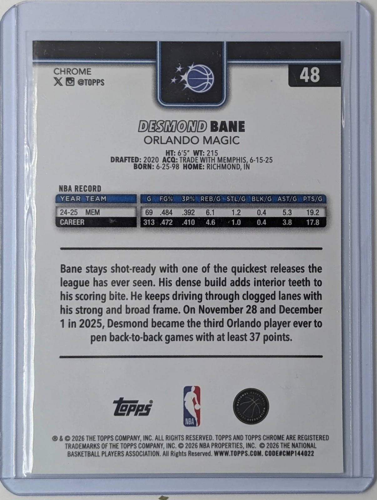 Back of 2025-26 Topps Chrome Update #48 Desmond Bane Negative Refractor