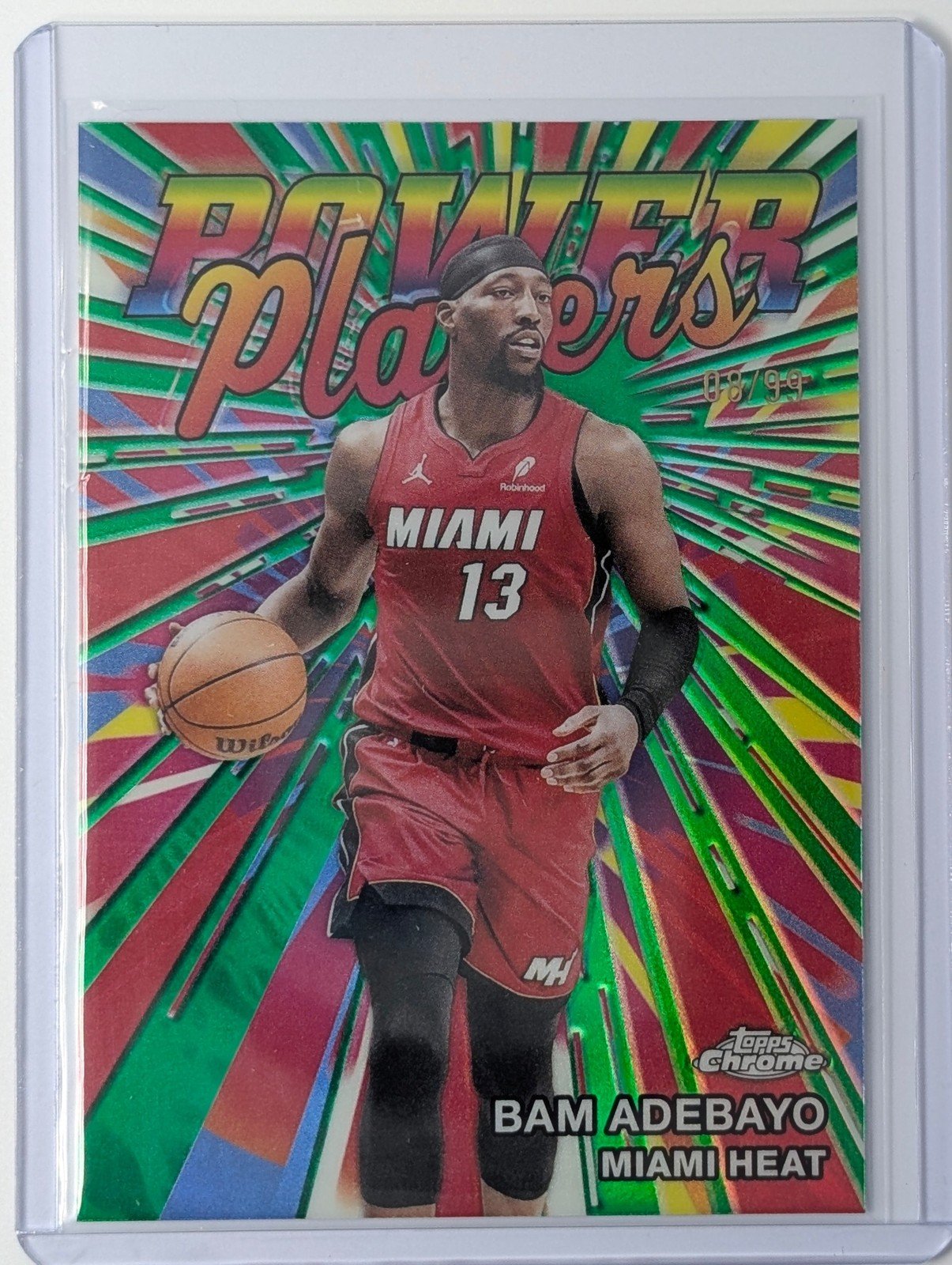 Front of 2025-26 Topps Chrome Update /99 Bam Adebayo Power Players Green Refractor #PP-3
