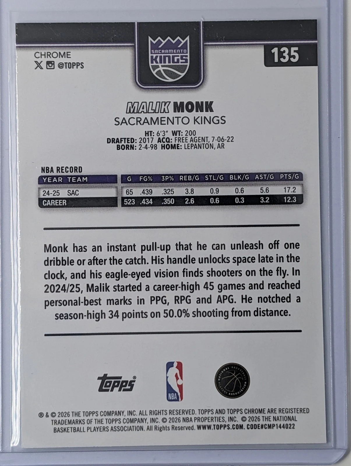 Back of 2025-26 Topps Chrome Update /75 Malik Monk Purple Refractor #135 Sapphire