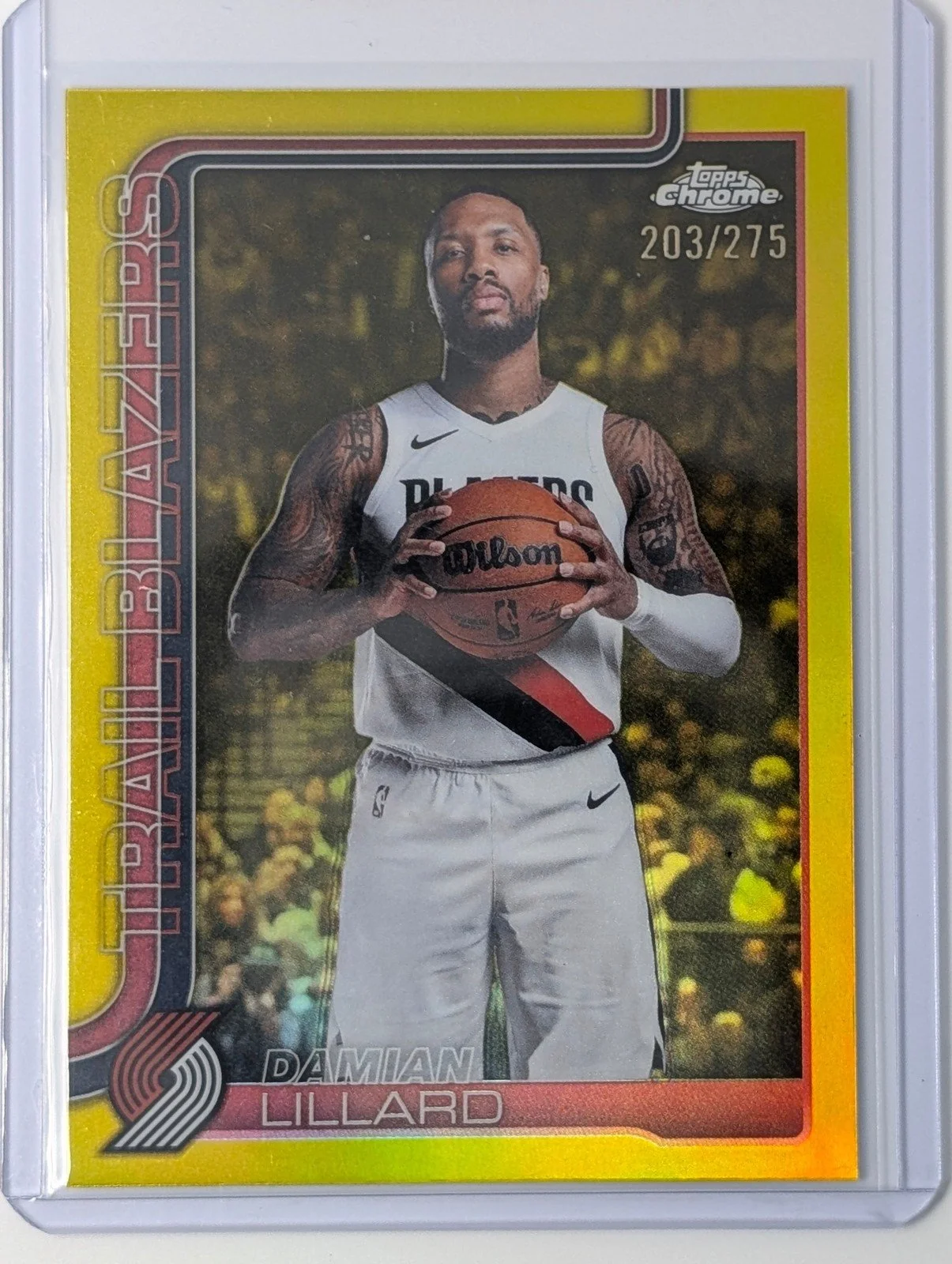 Front of 2025-26 Topps Chrome Update /275 Damian Lillard Yellow Refractor #46