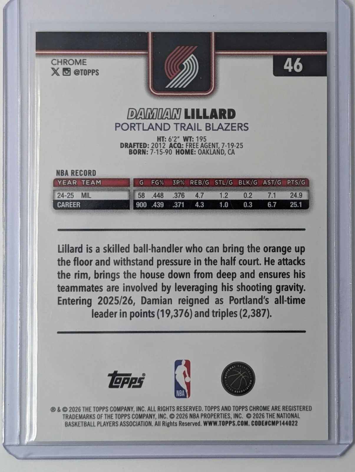 Back of 2025-26 Topps Chrome Update /275 Damian Lillard Yellow Refractor #46
