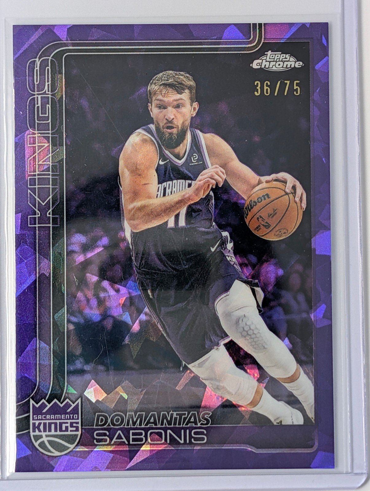 Front of 2025-26 Topps Chrome Update /75 Domantas Sabonis Purple Refractor #34 Sapphire