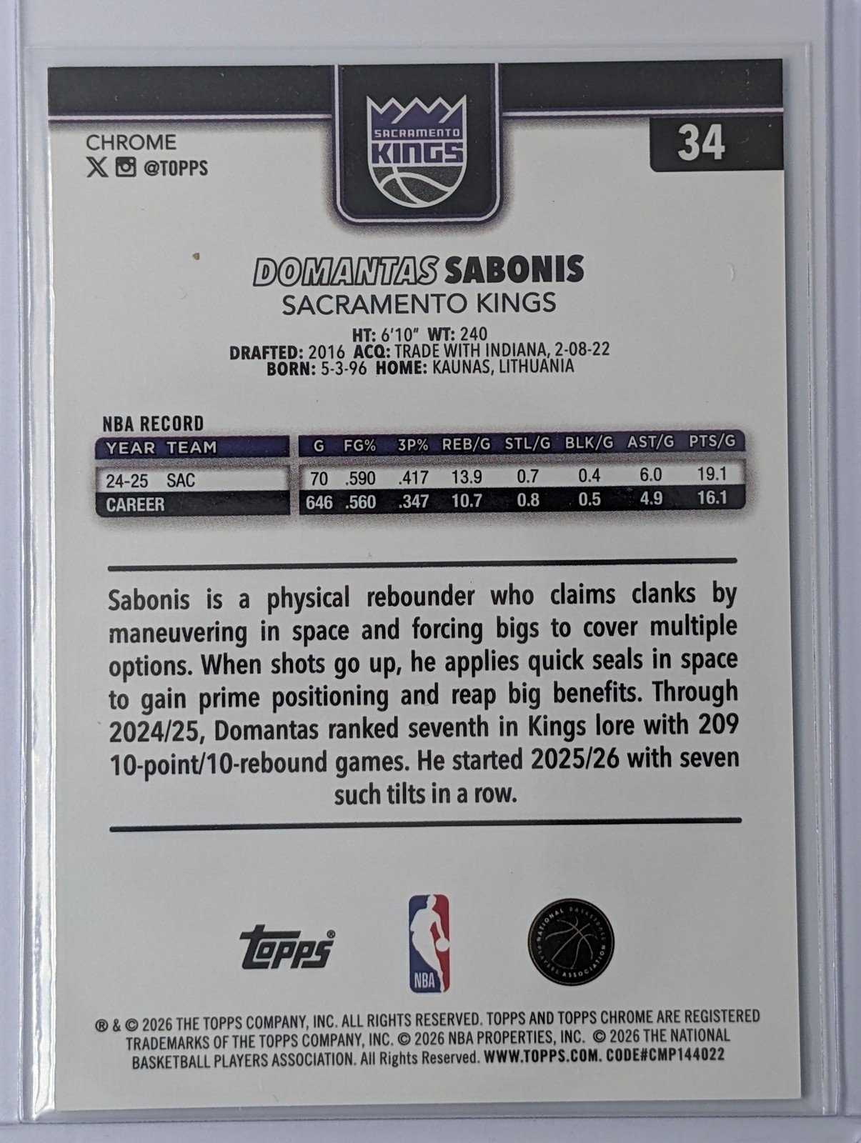 Back of 2025-26 Topps Chrome Update /75 Domantas Sabonis Purple Refractor #34 Sapphire