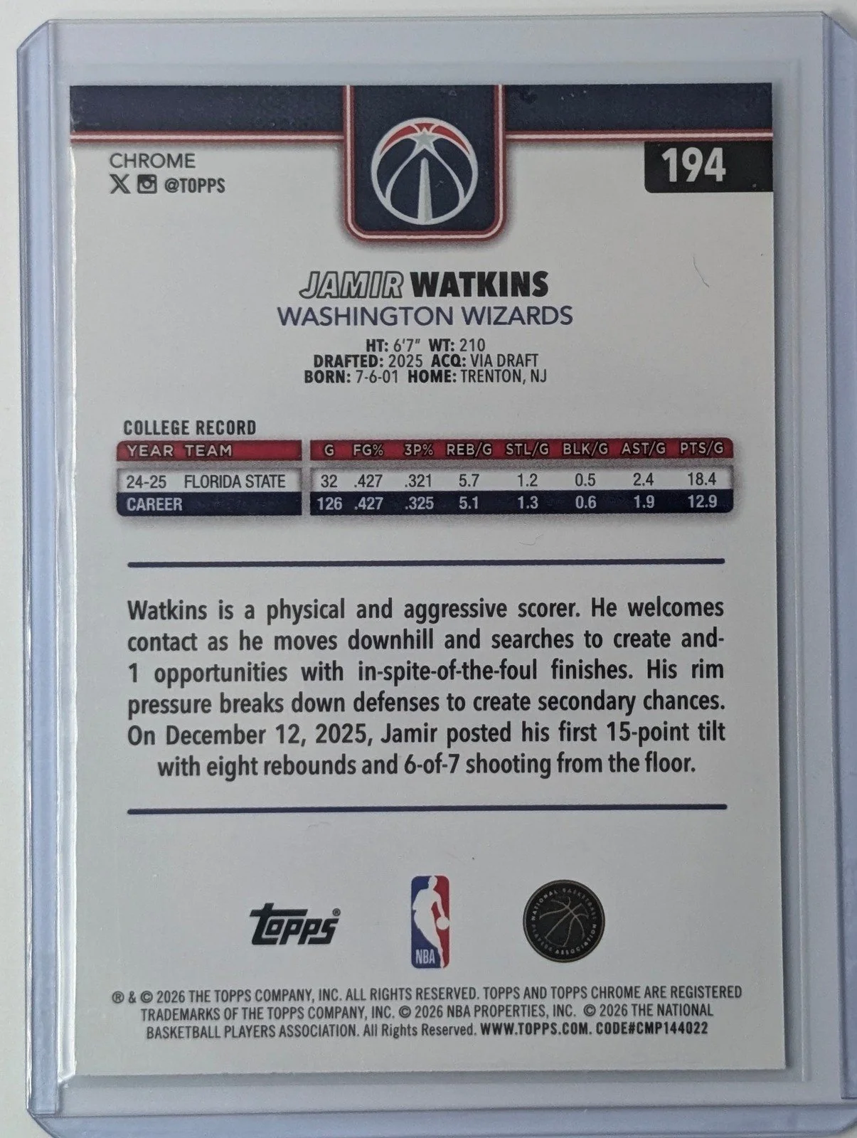 Back of 2025-26 Topps Chrome Update #194 Jamir Watkins Prism Refractor RC