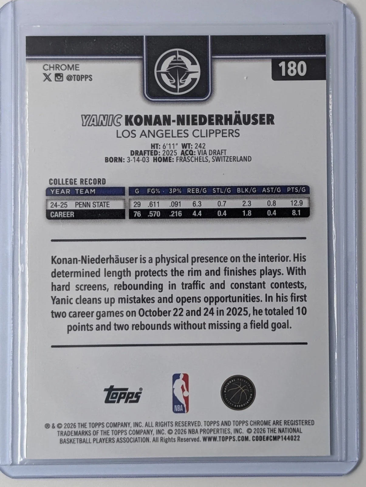 Back of 2025-26 Topps Chrome Update #180 Yanic Konan-Niederhäuser RC