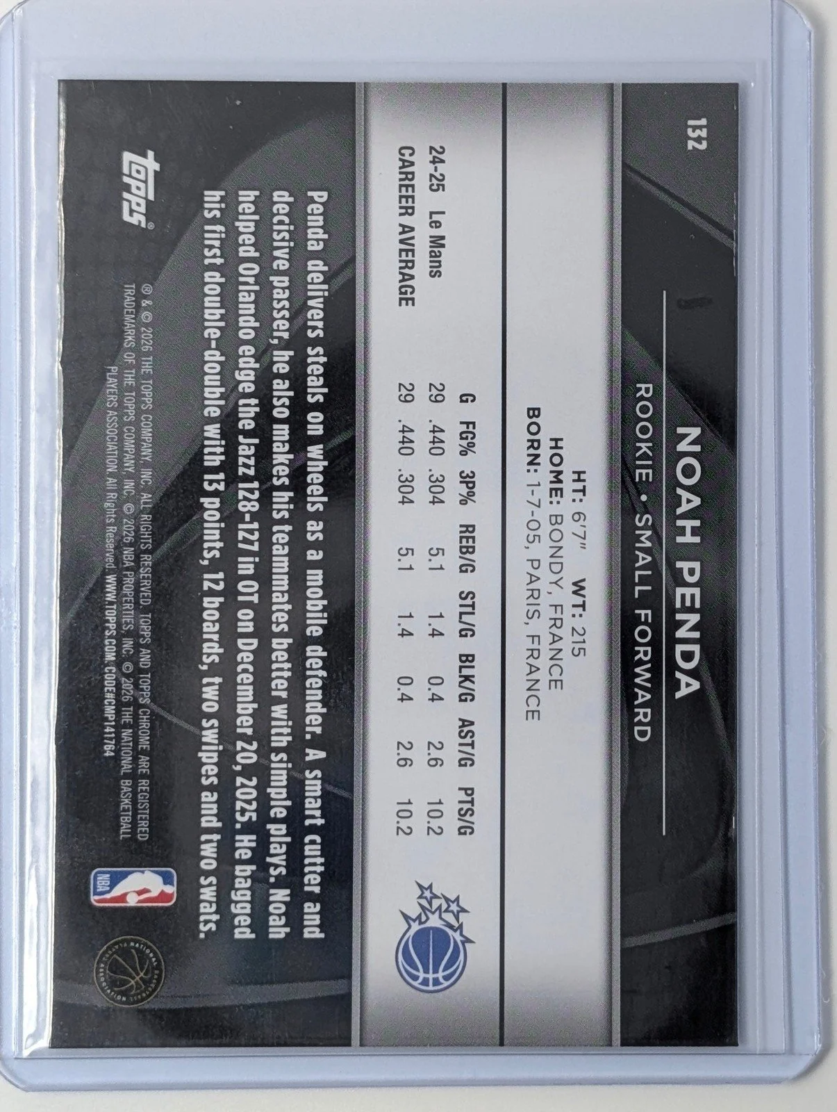 Back of 2025-26 Topps Chrome Black #132 Noah Penda RC