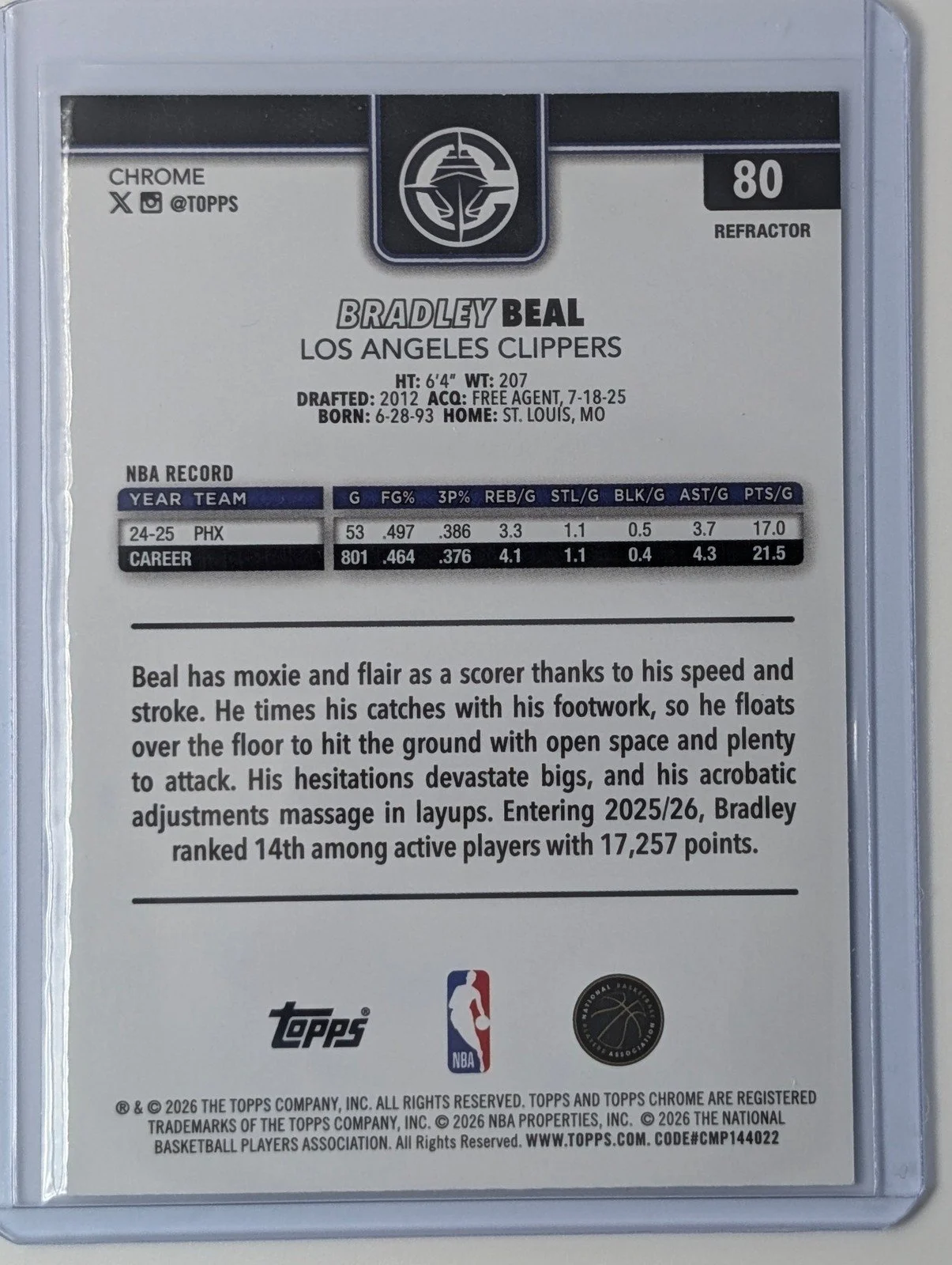 Back of 2025-26 Topps Chrome Update #80 Bradley Beal Refractor