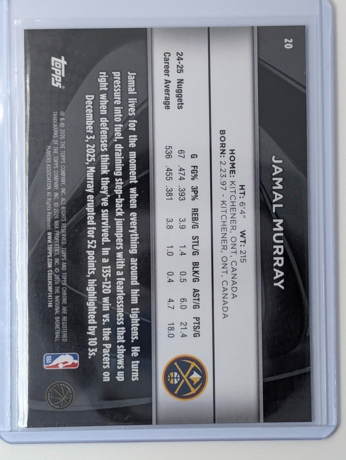 Back of 2025-26 Topps Chrome Black #20 Jamal Murray