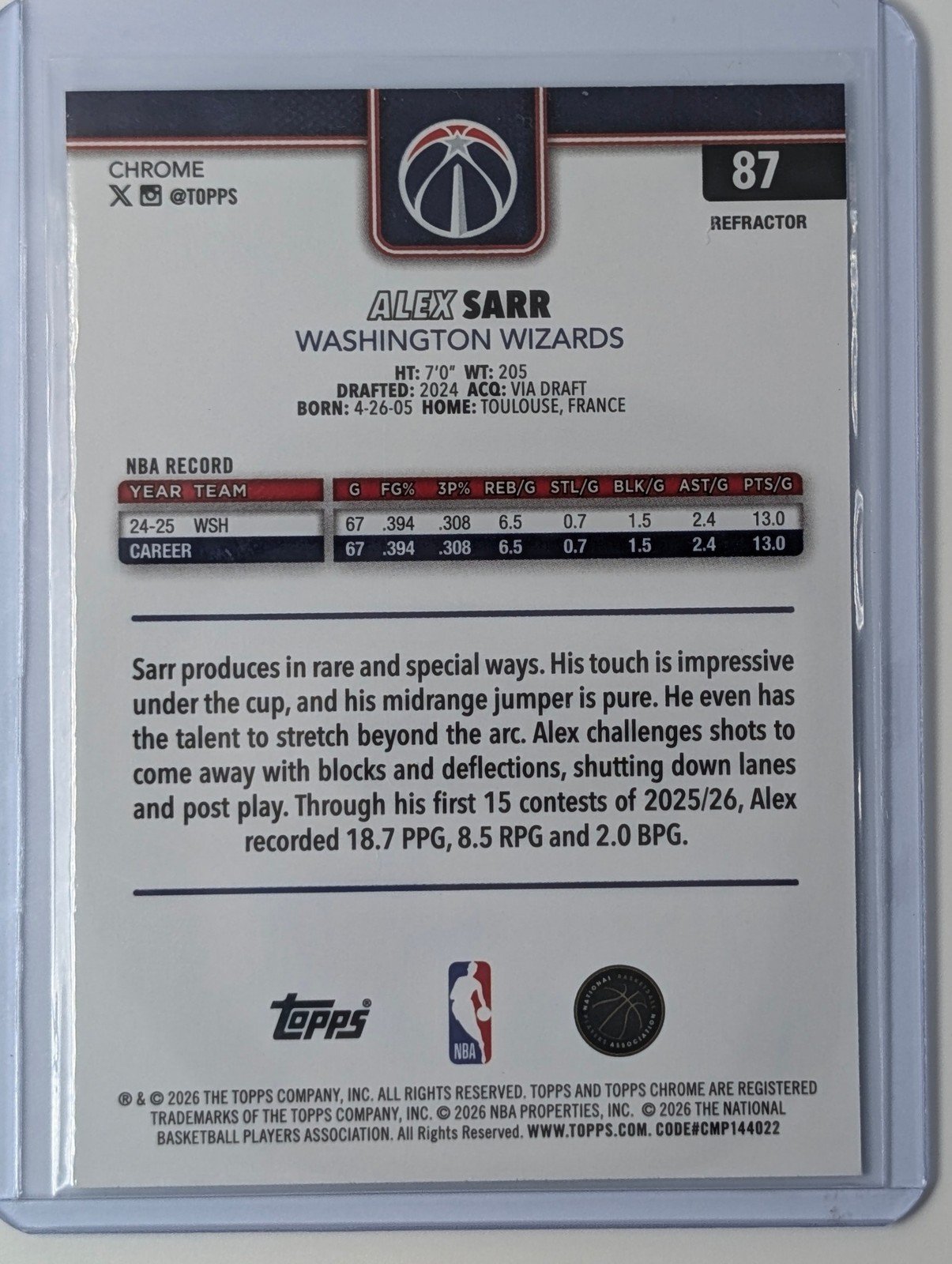 Back of 2025-26 Topps Chrome Update #87 Alex Sarr