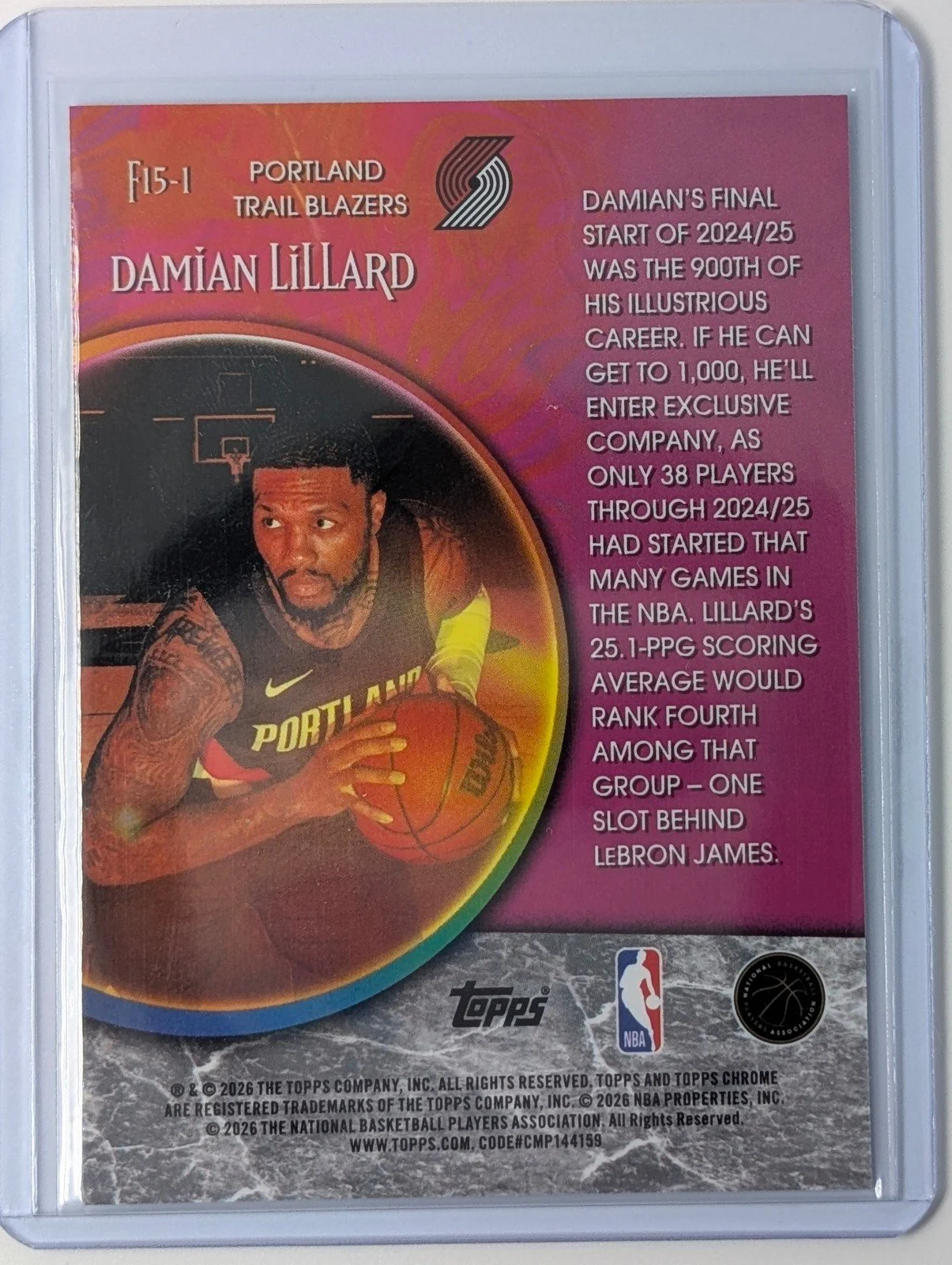 Back of 2025-26 Topps Chrome Update #F15-1 Damian Lillard Fortune 15
