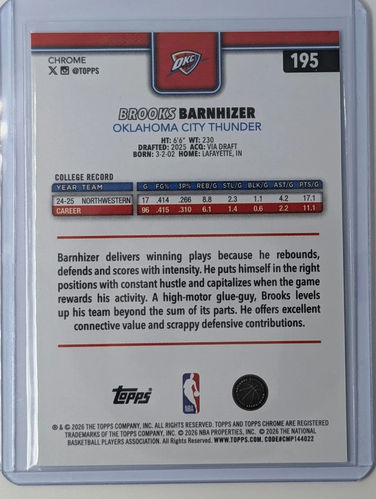 Back of 2025-26 Topps Chrome Update #195 Brooks Barnhizer RC