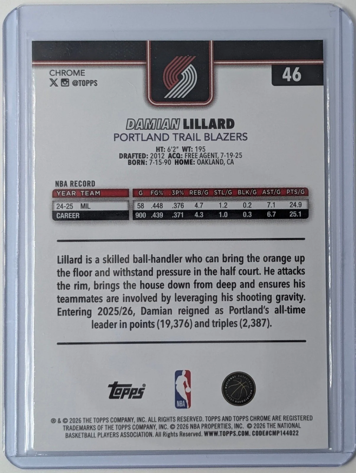 Back of 2025-26 Topps Chrome Update #46 Damian Lillard Prism Refractor