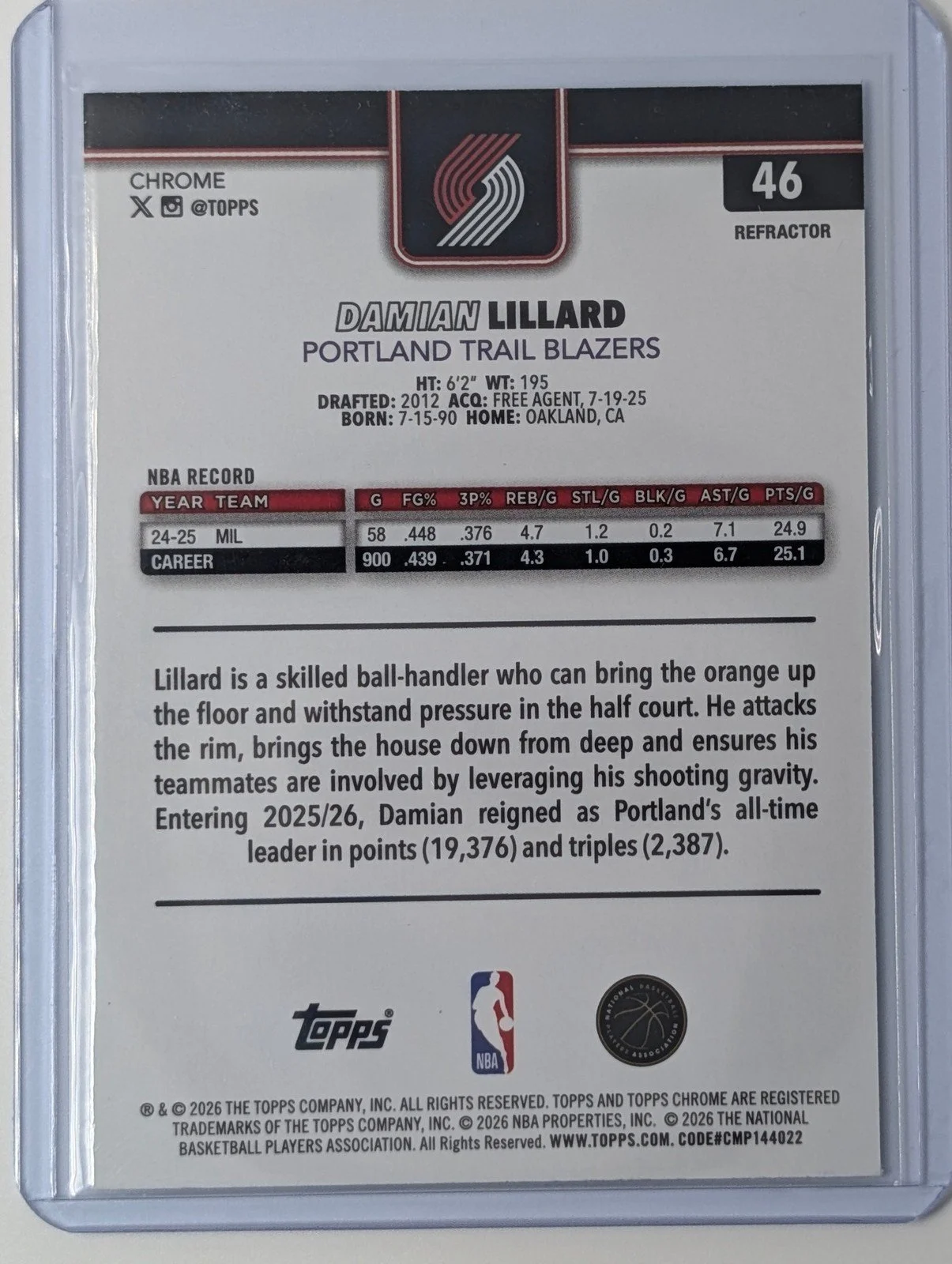 Back of 2025-26 Topps Chrome Update #46 Damian Lillard Refractor