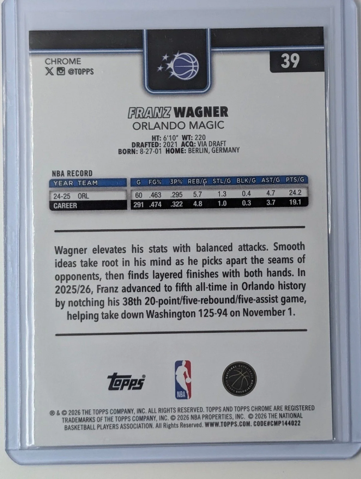 Back of 2025-26 Topps Chrome Update #39 Franz Wagner Prism Refractor