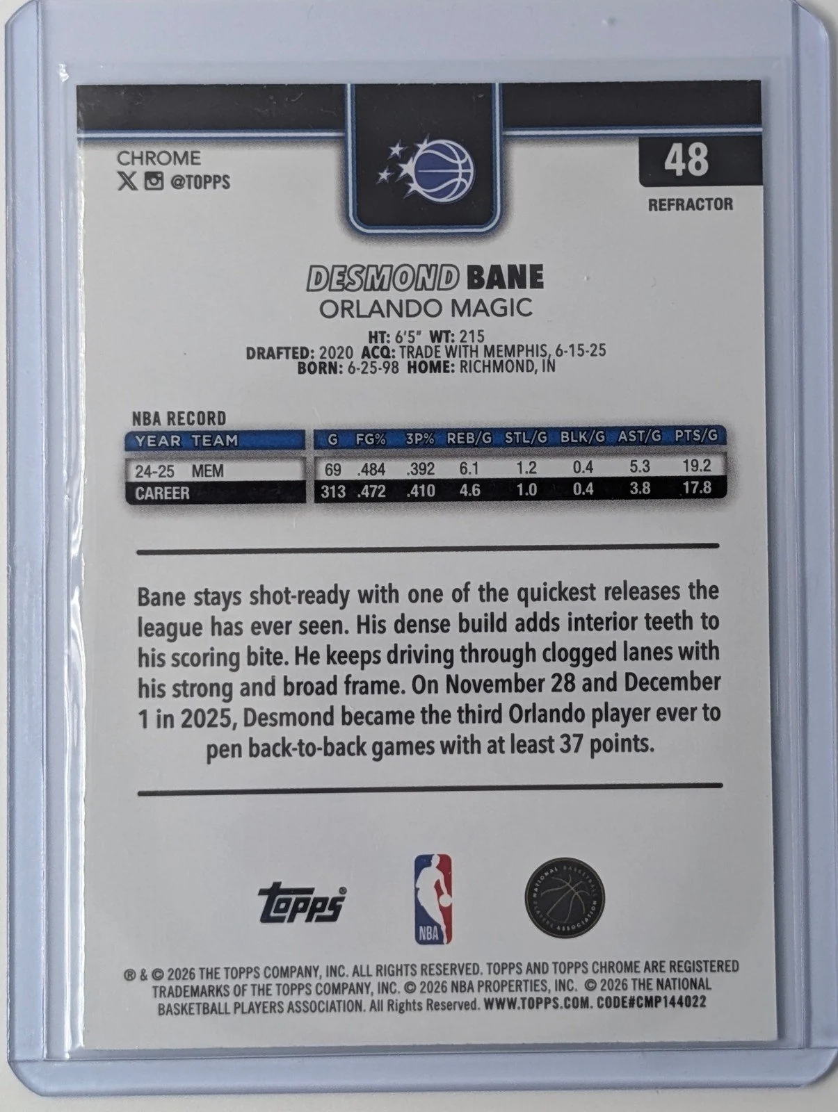 Back of 2025-26 Topps Chrome Update #48 Desmond Bane Refractor